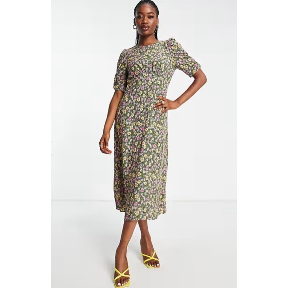 Nobody's Child Midi Tea Dress Size US 6 Micro Floral Bloomcore Green Boho Dainty